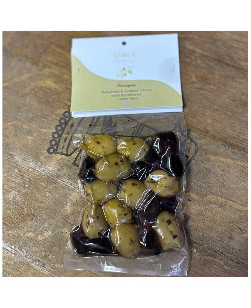 Snack Oliven Mix m. Krydderier Økologisk uden Sten 100g Snack Oliven Mix m. Krydderier Økologisk uden Sten 100g