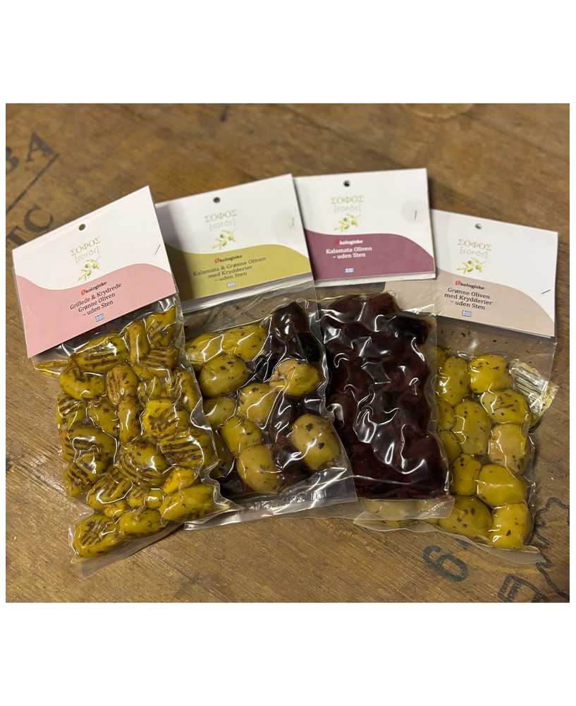 Græske Snack Oliven 4 x 100g Økologiske - Sofos Græske Snack Oliven 4 x 100g Økologiske - Sofos