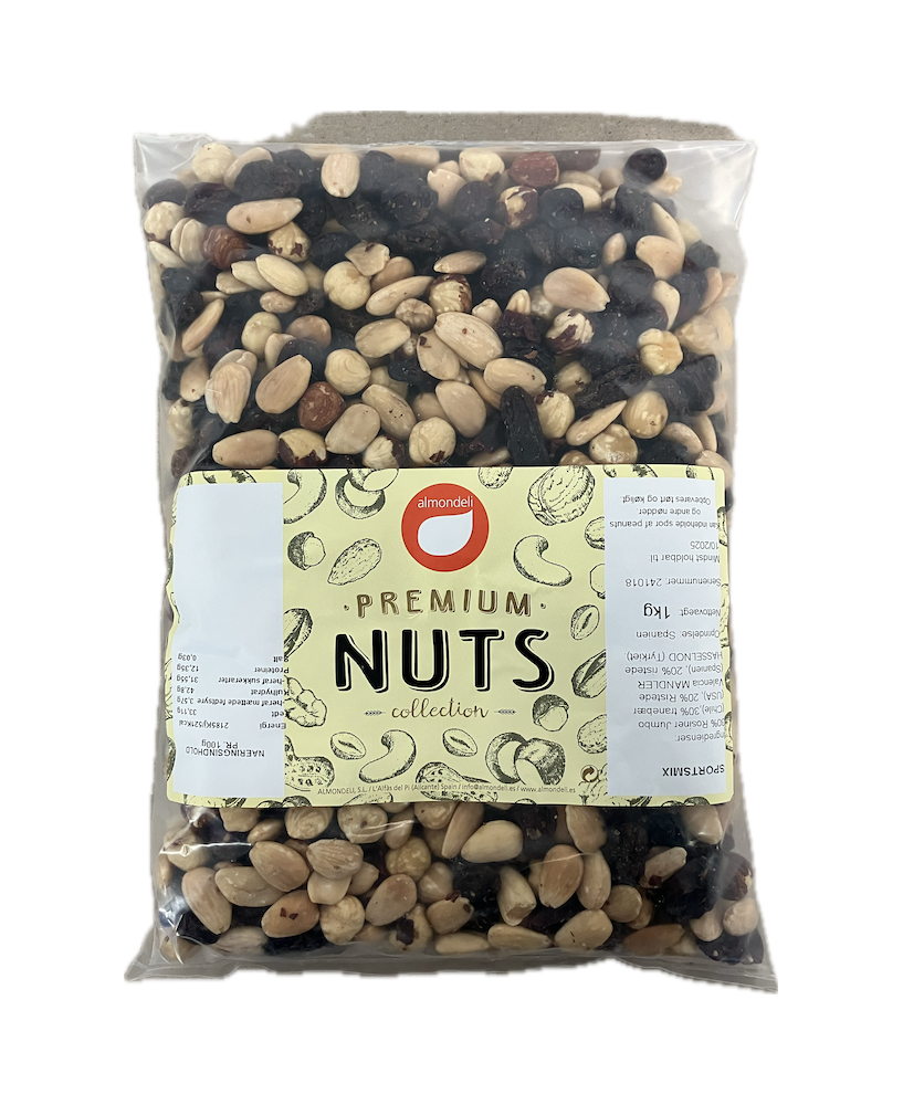 Nøddemix 1 kg. med Rosiner og Tranebær - Sportsmix i pose Nøddemix 1 kg. med Rosiner og Tranebær - Sportsmix i pose