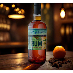 Jule Rom Ron Sostenible 8 års 70cl. - A Clean Spirit med bagrund appelsin og nelliker